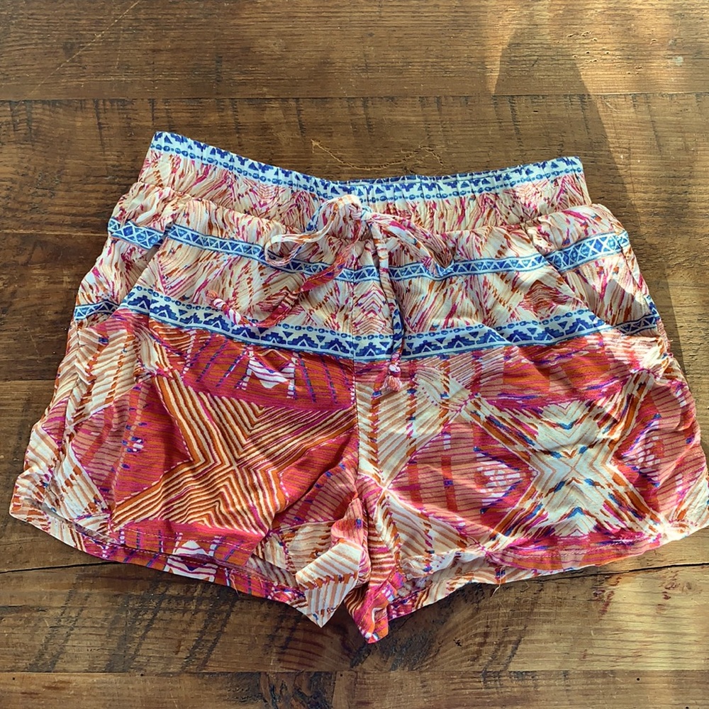 Gypsies & Moondust Orange Pink Aztec-Pattern Drawstring Athletic Shorts